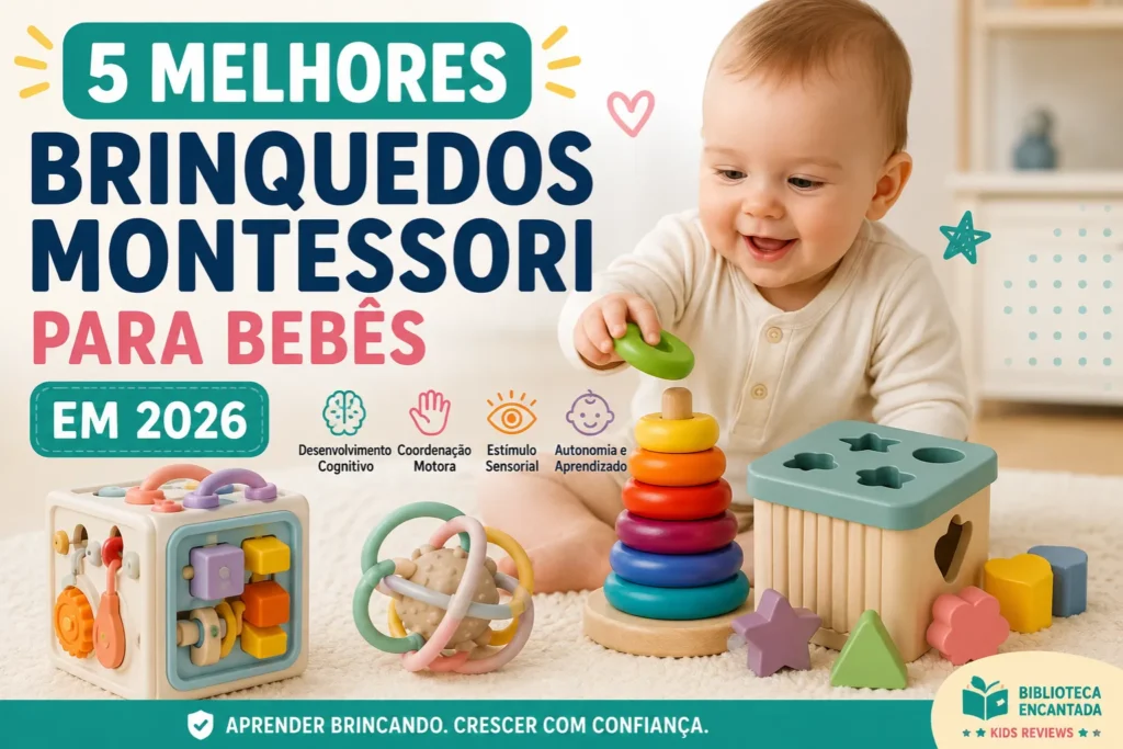Bebê brincando com brinquedos Montessori educativos, incluindo torre de empilhamento, cubo sensorial e classificador de formas, recomendados para desenvolvimento infantil em 2026.