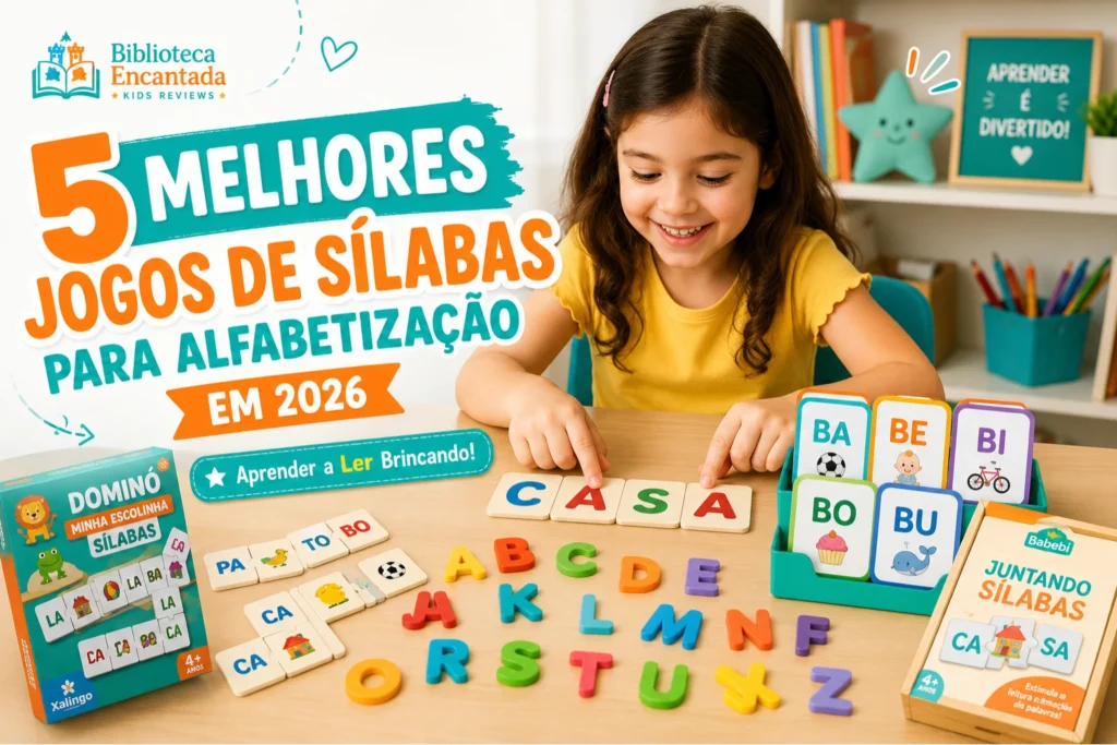 Criança aprendendo a formar palavras com jogos de sílabas educativos para alfabetização infantil.