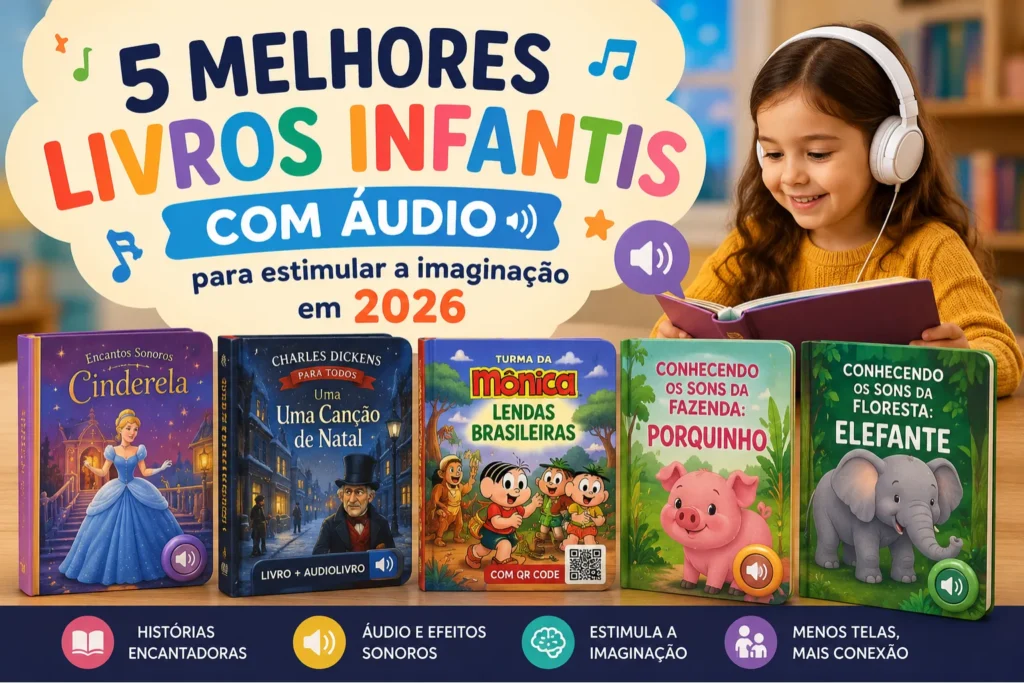 Criança ouvindo livro infantil com áudio e livros sonoros recomendados para estimular a imaginação, a criatividade e o hábito da leitura em 2026.