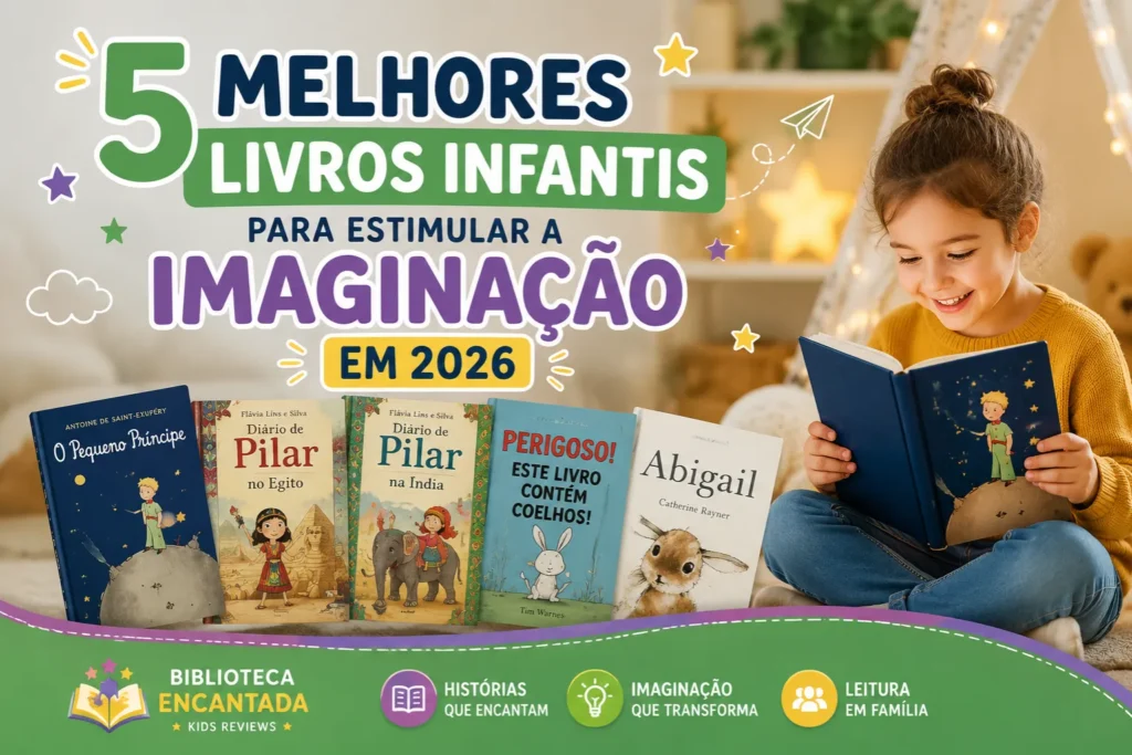 Criança lendo livros infantis recomendados para estimular a imaginação, a criatividade e o hábito da leitura em 2026.