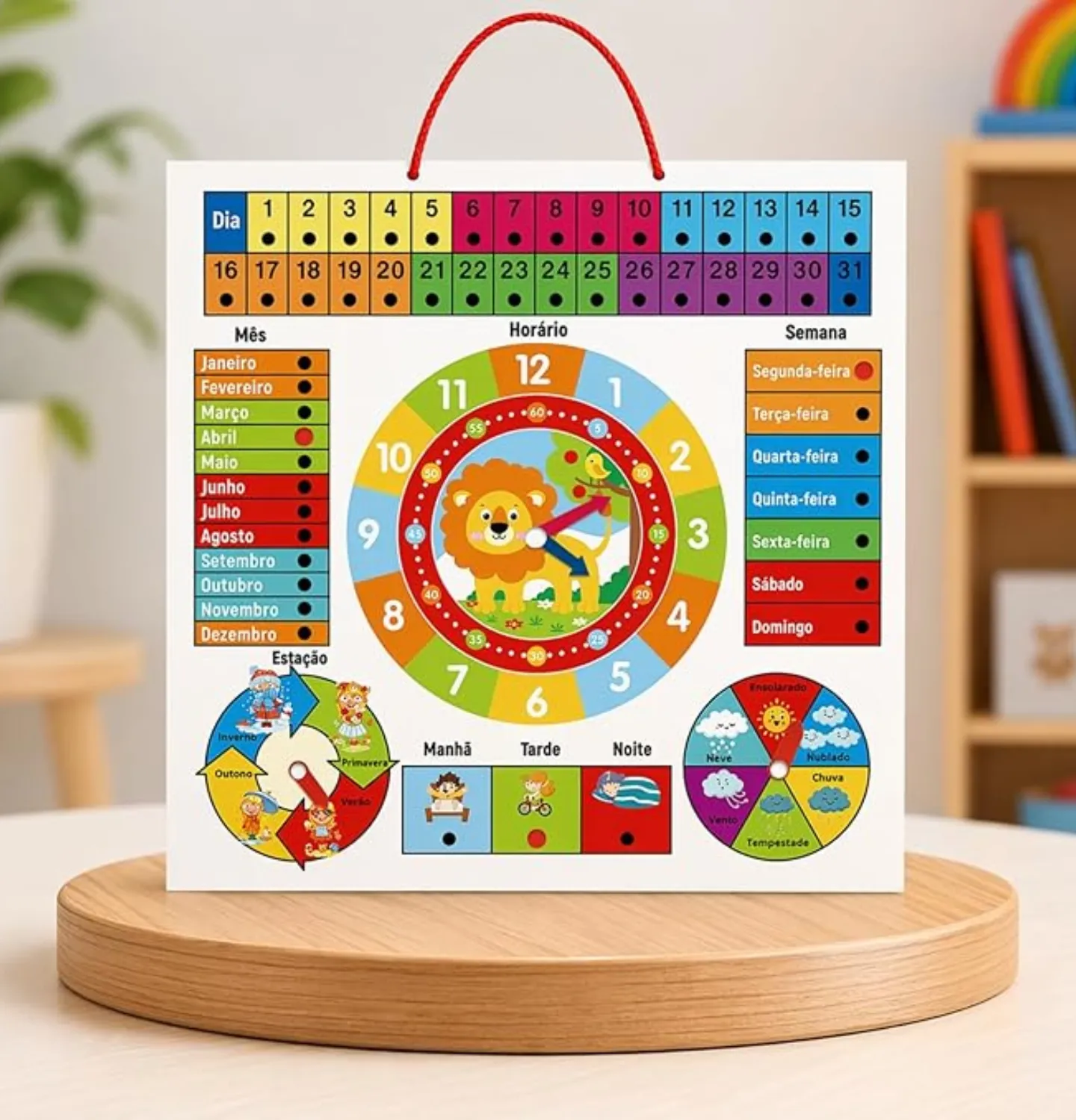 Calendário Educativo de Madeira com Relógio e Rotina para crianças