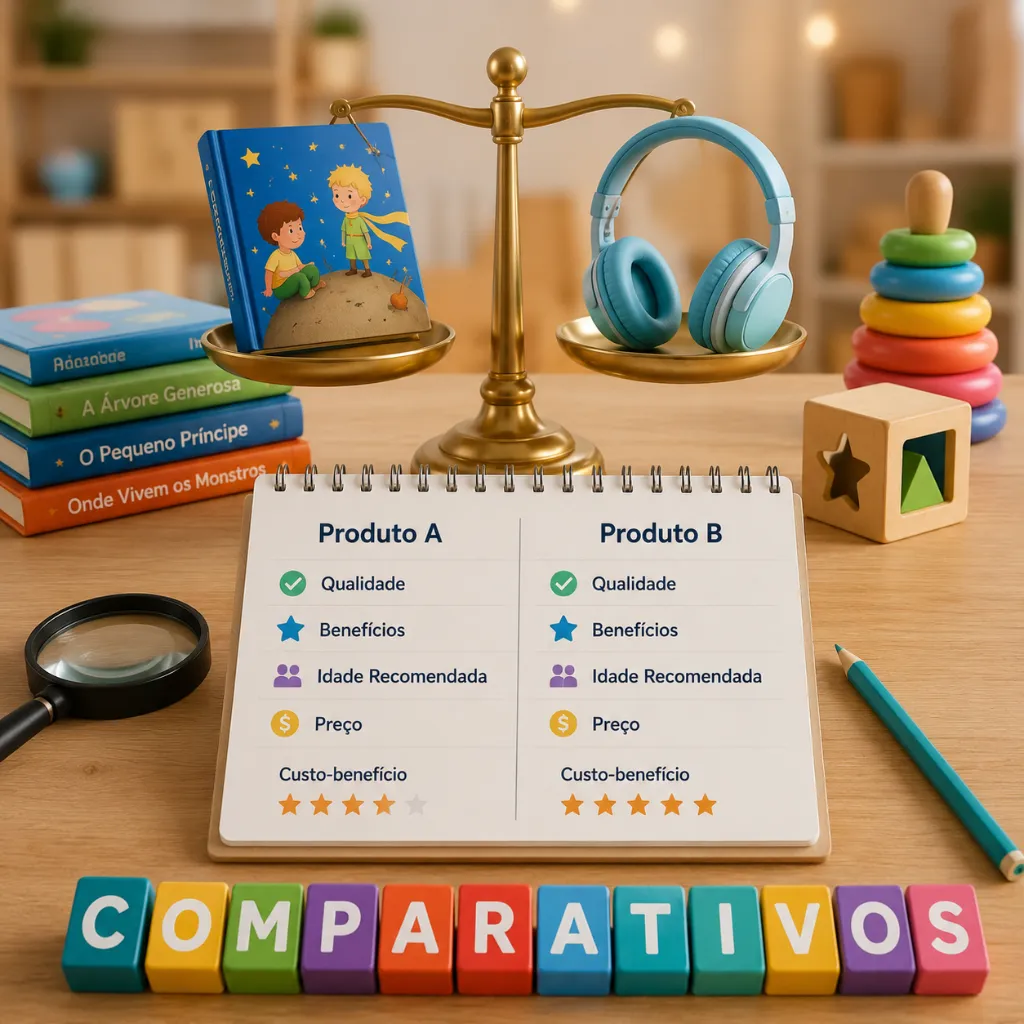 Comparativo entre livros infantis, audiobooks e produtos educativos para ajudar famílias a escolherem a melhor opção.