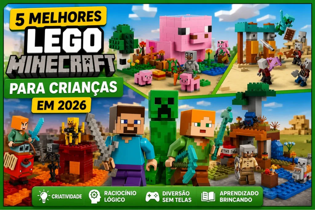Melhores brinquedos LEGO Minecraft para crianças em 2026 com conjuntos educativos que estimulam criatividade, raciocínio lógico e diversão sem telas.