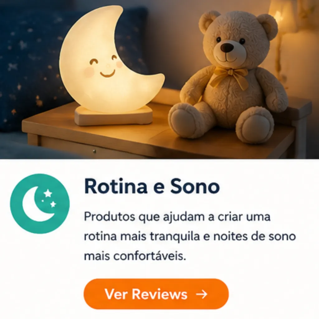 Produtos para rotina infantil e sono saudável, incluindo luzes noturnas, histórias para dormir e itens de conforto.