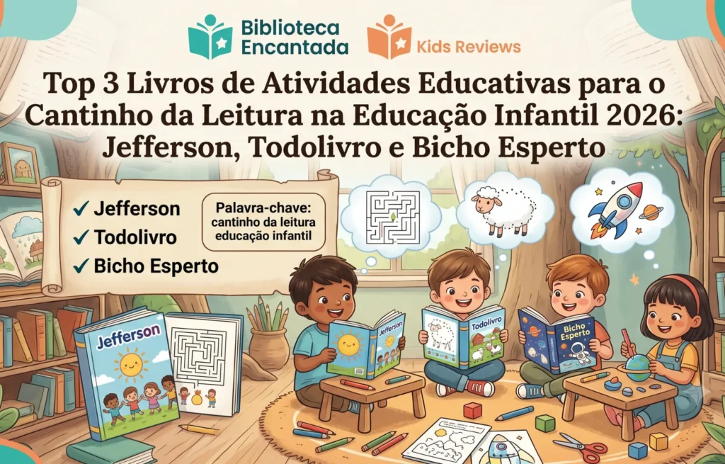 Criança sorrindo no cantinho da leitura da educação infantil, cercada por livros de atividades educativas das marcas Jefferson, Todolivro e Bicho Esperto em um ambiente acolhedor e pedagógico para o ano de 2026.
